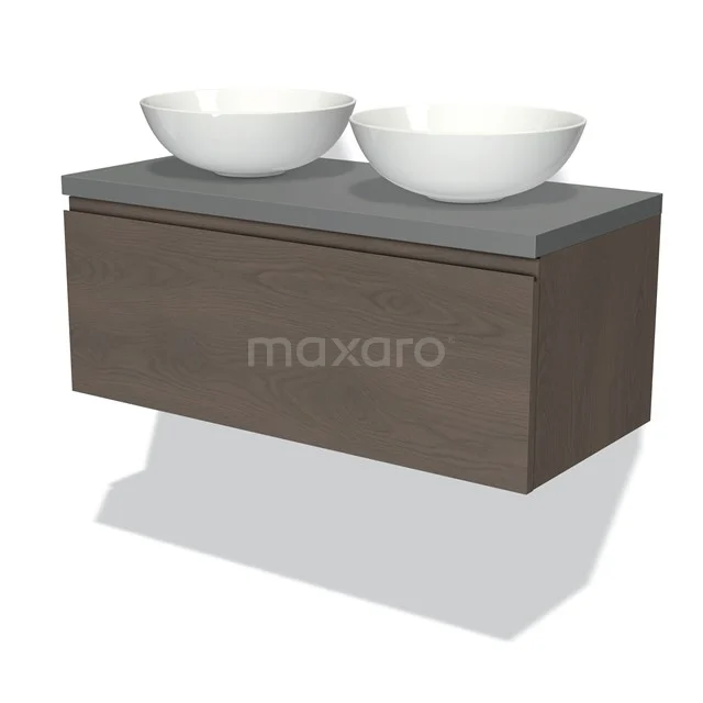 Badmöbel für Waschtischunterschrank mit Konsole 100cm Modulo Plato dunkelbraune Eiche 1 Schublade grifflos Mittelgrau Platte BMK11-01906 Holz Badezimmermöbel mit Grau Platte und zwei weißen Aufsatzwaschbecken, modernes Design, geeignet für ein stilvolles Badezimmer.