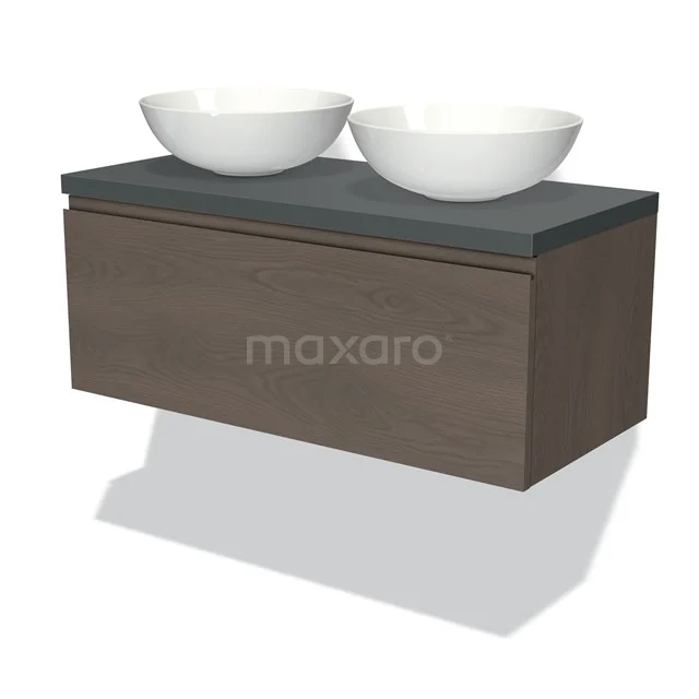 Holz Badmöbel mit Dunkelgrau Platte und doppeltem weißen Aufsatzwaschbecken, modernes und stilvolles Design für eine luxuriöse Ausstrahlung.