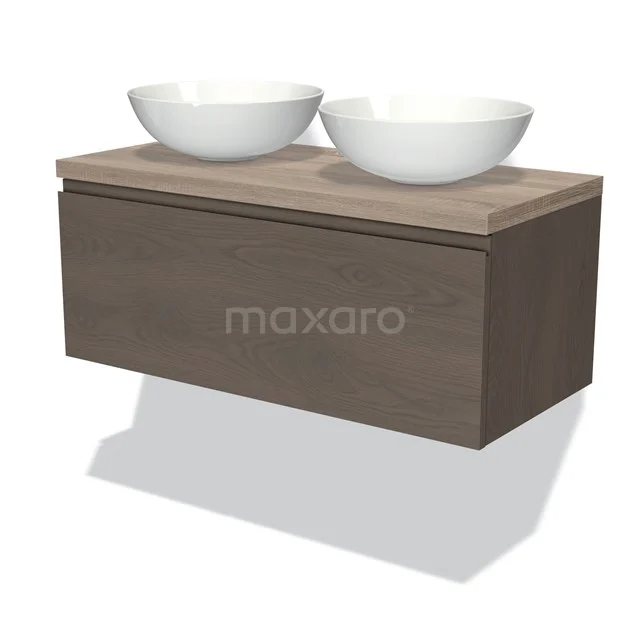 Badmöbel für Waschtischunterschrank mit Konsole 100cm Modulo Plato dunkelbraune Eiche 1 Schublade grifflose Platte aus Eiche BMK11-01911 Eichenmöbel mit zwei weißen runden Aufsatzwaschbecken, modernes Design für eine stilvolle Badezimmergestaltung.