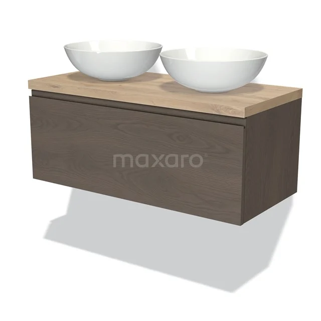 Badmöbel für Waschtischunterschrank mit Konsole 100cm Modulo Plato dunkelbraune Eiche 1 Schublade grifflos hellbraune Eiche Platte BMK11-01913 Modern hängendes Badezimmermöbel in Holzoptik mit zwei weißen Aufsatzwaschbecken, ideal für ein stilvolles und funktionales Badezimmer.