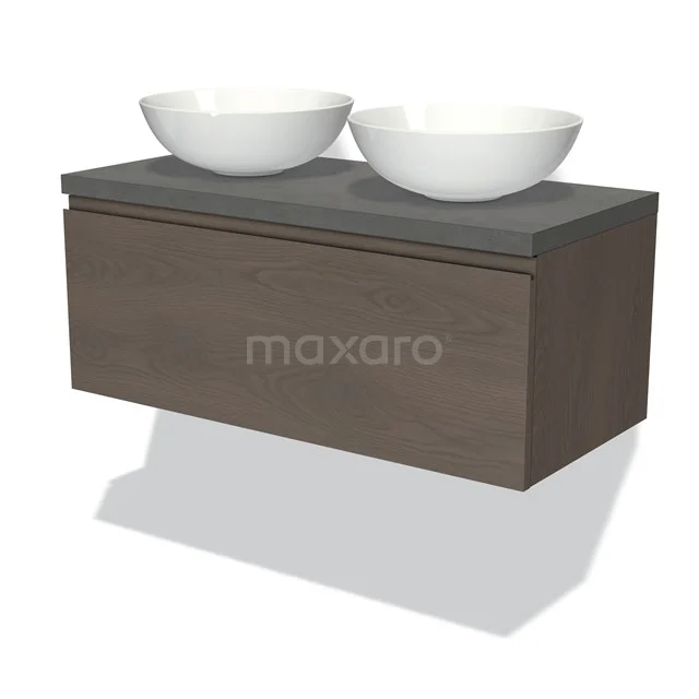 Houten badkamermeubel met grijs blad en twee witte waskommen, modern design voor stijlvolle badkamerinrichting.