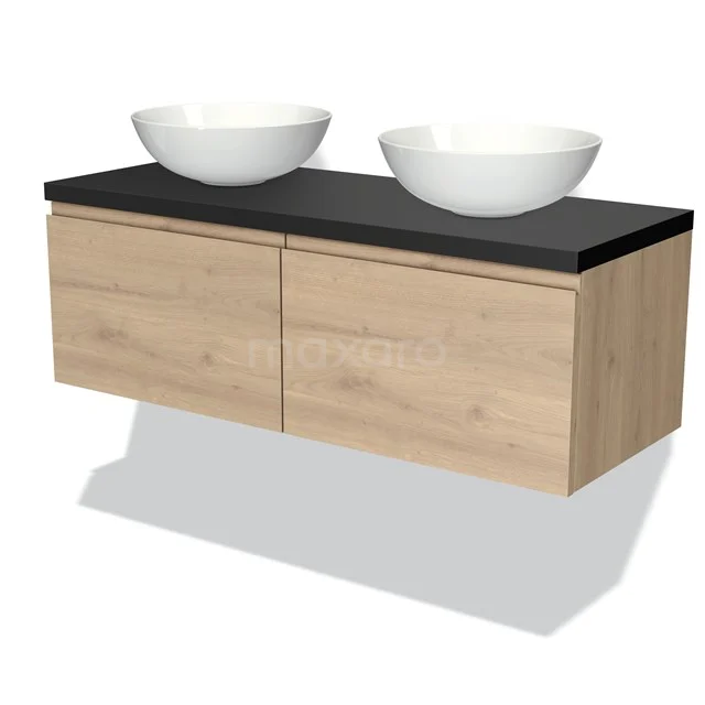 Zwevend Badmöbel mit Doppelwaschbecken, Holzlook-Unterschrank, Schwarz Platte und runden, weißen keramischen Aufsatzwaschbecken.