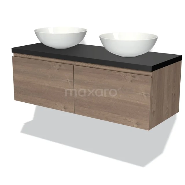 Holz-Badmöbel mit schwarzer Platte, doppeltem weißen Aufsatzwaschbecken und modernem Design, perfekt für ein stilvolles Badezimmer.