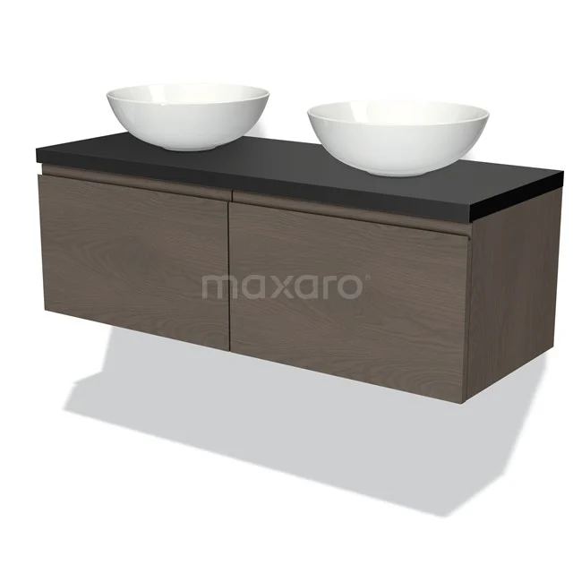 Wooden bathroom unit with dark worktop, two white countertop wash basins; stylish modern design for a luxurious bathroom.