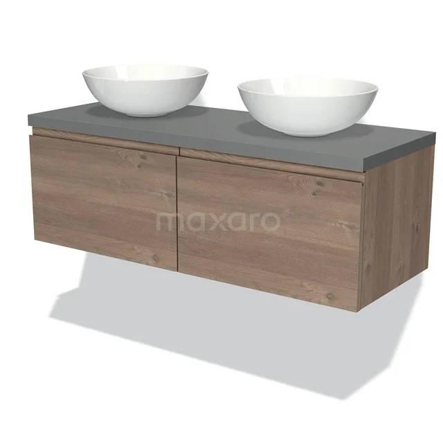 Holz-Badmöbel mit grauer Platte, ausgestattet mit zwei weißen Waschbecken; stilvoll und geeignet für moderne Bäder.