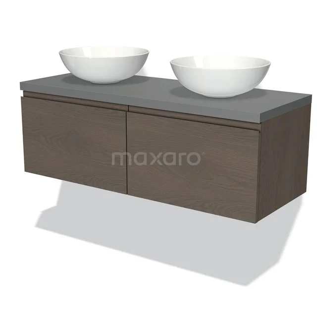Wooden bathroom unit with grey basin worktop and two white countertop wash basins, modern wall-mounted design.