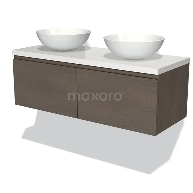 Hölzernes Badezimmermöbel mit zwei weißen keramischen Aufsatzwaschbecken, modernes Design und schwebendes Modell für ein stilvolles Badezimmer.