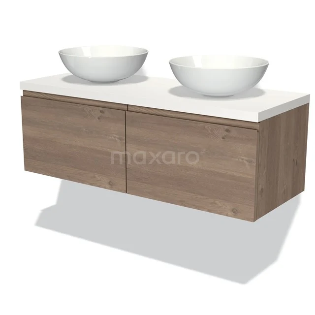 Holz Badezimmermöbel mit zwei weißen keramischen Aufsatzwaschbecken, wandhängendes Design, ideale Wahl für ein modernes Badezimmer.