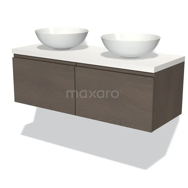 Wood-look vanity unit with two white countertop wash basins, modern bathroom design, ideal for stylish double arrangements.