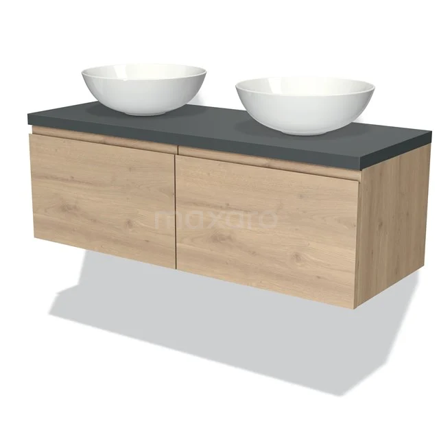 Holz-Badezimmermöbel mit Natursteine Platte und zwei weißen Aufsatzwaschbecken, modernes Design für ein stilvolles Badezimmer.