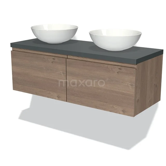Holz-Badmöbel mit zwei weißen Waschbecken, Dunkelgrau Platte und modernem Design in einer schwebenden Ausführung.