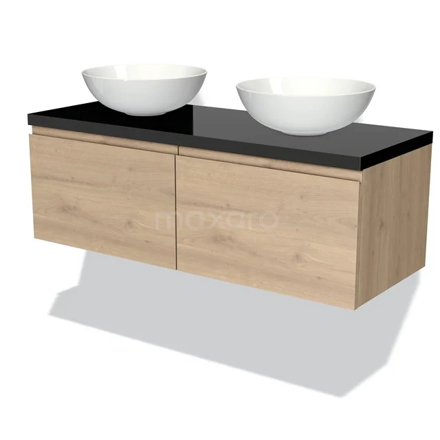 Hölzerner Badschrank mit schwarzer Platte und doppelten runden Waschbecken, modernes Design aus der Premium Badmöbel-Serie.