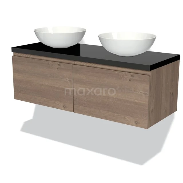 Holz-Badmöbel mit zwei weißen Aufsatzwaschbecken und schwarzer Glasplatte; modernes Design, ideal für stilvolle Bäder.