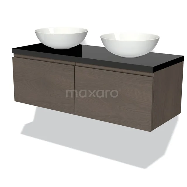 Floating wood-look bathroom unit with black worktop and double white countertop wash basins, modern design.