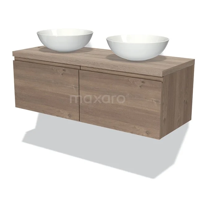 Modulo Plato Vanity units for countertop basin | 120 cm Mid brown oak Handle-less front Oak worktop 2 Side-by-side drawers BMK12-01308