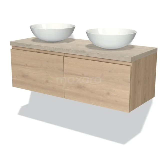 Holz-Badmöbel mit doppelten weißen Aufsatzwaschbecken, modernes Design, hängendes Modell aus natürlicher Eichen-Serie.