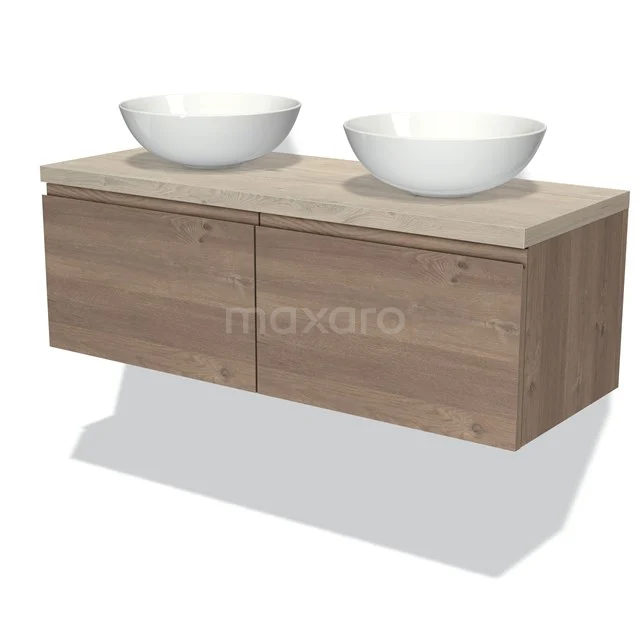 Holz-Badmöbel mit doppelten Aufsatzwaschbecken, modernes Design, Eiche-Look, ideal für eine stilvolle Badezimmergestaltung.