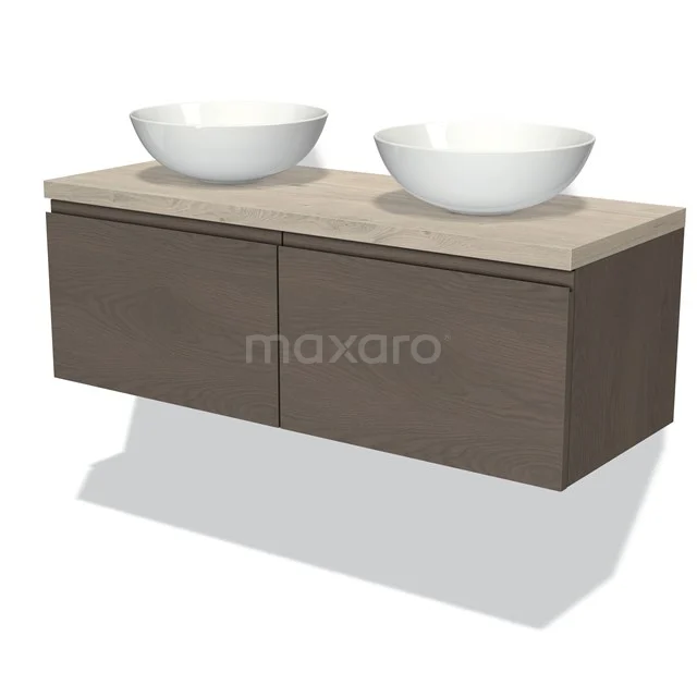Wooden bathroom unit with two white round countertop wash basins, modern design and soft-close drawers. Perfect for a stylish bathroom.