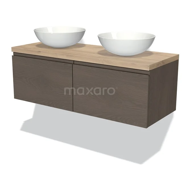 Wooden bathroom unit with modern design, dark Oak finish, two white surface-mounted basins and a floating wall model.