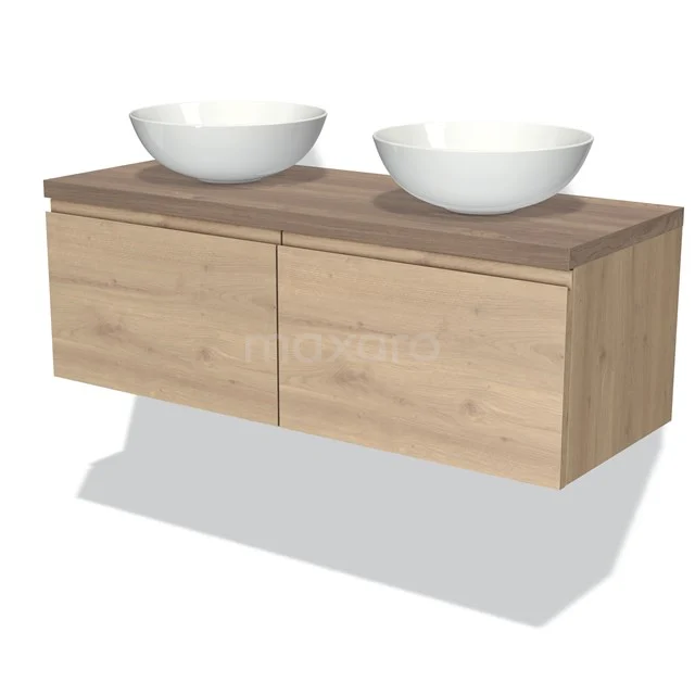 Badmöbel für Waschtischunterschrank mit Konsole 120cm Modulo Plato hellbraune Eiche 2 Schubladen grifflos mittelbraune Eiche Platte BMK12-01317 Holz-Badmöbel mit Wandmontage, zwei weißen Aufsatzwaschbecken und minimalistischem Design, ideal für moderne Bäder.