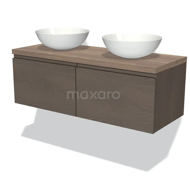 Badmöbel für Aufsatzwaschbecken 120cm Modulo Plato Dunkelbraune Eiche 2 Schubladen Grifflos Mittelbraune Eiche Platte BMK12-01318 Holz schwebendes Badezimmermöbel mit doppeltem Aufsatzwaschbecken, modernes Design in dunkler Eichenoberfläche.