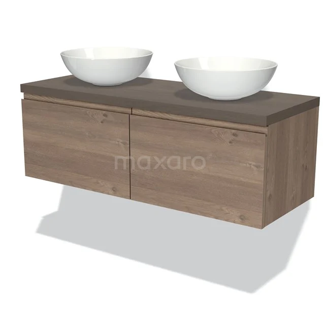 Wooden bathroom unit with two white countertop wash basins, modern design, hanging model, ideal as stylish bathroom storage space.