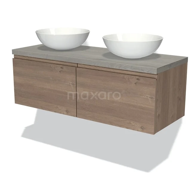 Modulo Plato Badkamermeubel voor waskom | 120 cm Middenbruin eiken Greeploos front Grijs eiken blad 2 lades naast elkaar BMK12-01323