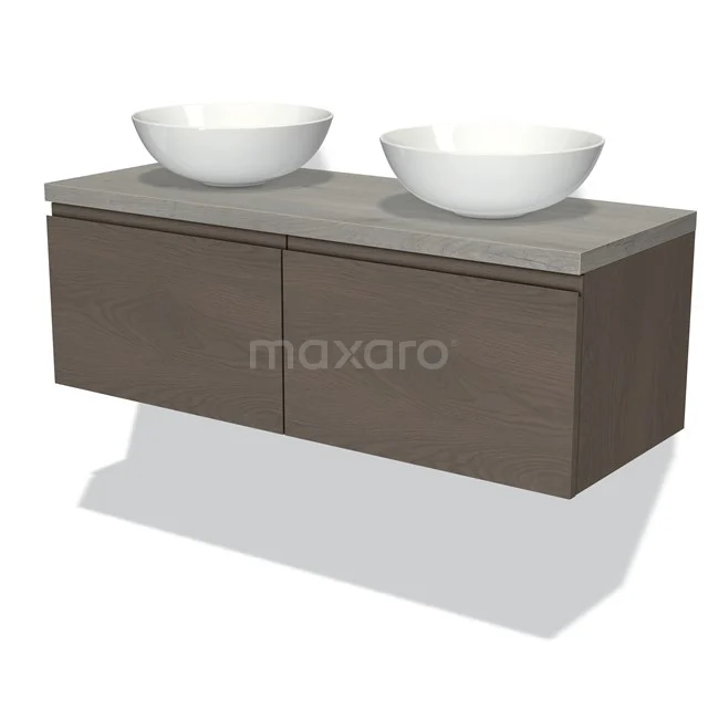 Floating bathroom unit wood-look with grey worktop and two white countertop wash basins, modern bathroom design.