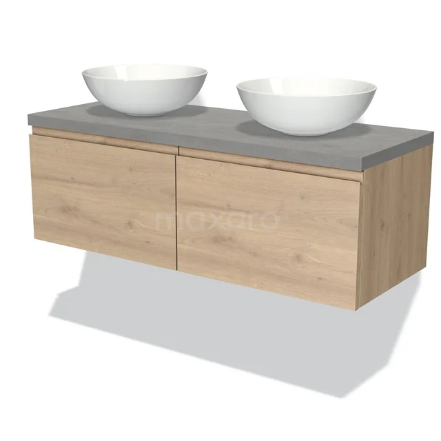 Holz-Badezimmermöbel mit Natursteine Platte und doppelten Aufsatzwaschbecken, modernes Design für eine stilvolle Badezimmerinrichtung.