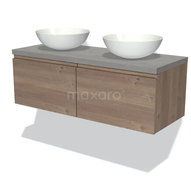 Modulo Plato Vanity units for countertop basin | 120 cm Mid brown oak Handle-less front Light grey concrete worktop 2 Side-by-side drawers BMK12-01326