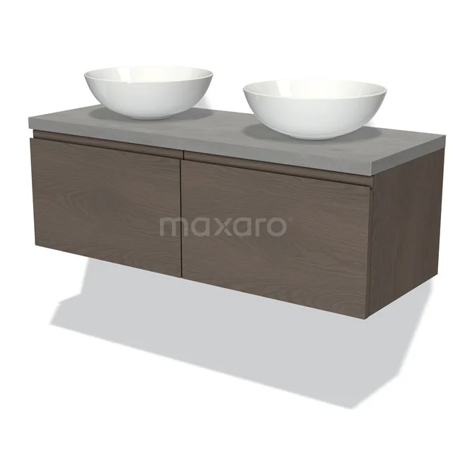 Hölzernes Badezimmermöbel mit zwei weißen Aufsatzwaschbecken, grauer Arbeitsplatte und Schubladenlagerung; stilvoll und funktional für jedes Badezimmer.