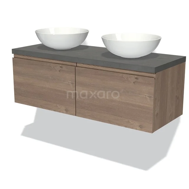 Modulo Plato Badmöbel mit Aufsatzwaschbecken | 120 cm Mittelbraune Eiche Grifflos front Dunkelgrauer Beton blatt 2 nebeneinanderliegende Schubladen BMK12-01329 Holz-Badmöbel mit zwei weißen Aufsatzwaschbecken, anthrazit Platte und zwei Schubladen, perfekt für einen modernen Badezimmerstil.