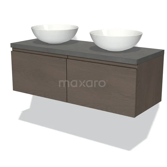 Hanging bathroom unit with wood-look, anthracite worktop and double white countertop wash basins; modern design and ample storage space.