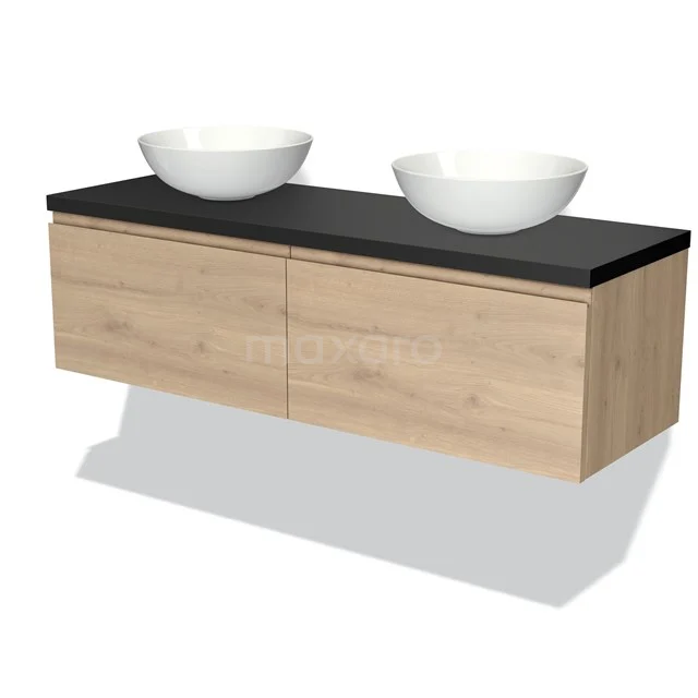 Holz Badezimmermöbel mit Schwarz Platte und zwei weißen Aufsatzwaschbecken, modernes Design.