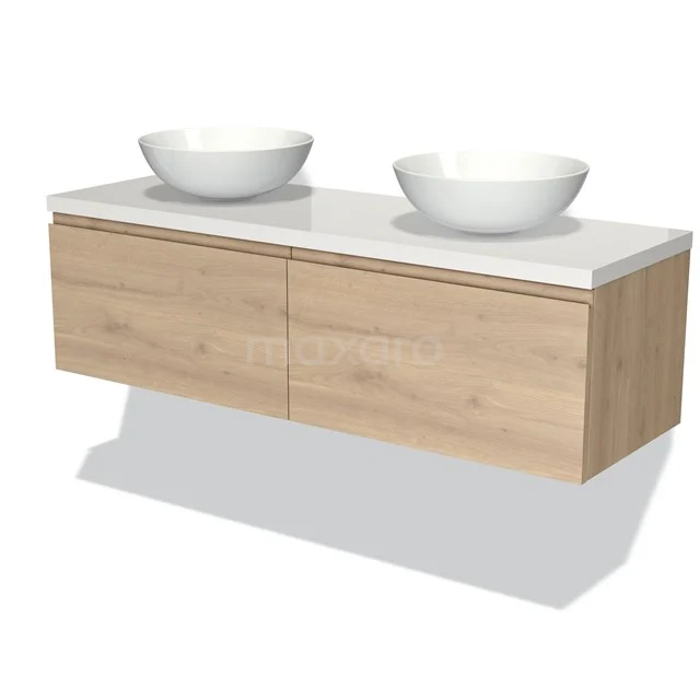 Zweiflügeliges Badmöbel mit doppeltem weißen Waschbecken, natürliche Eichenholzoptik, modernes Design, ideal für stilvolle Bäder.