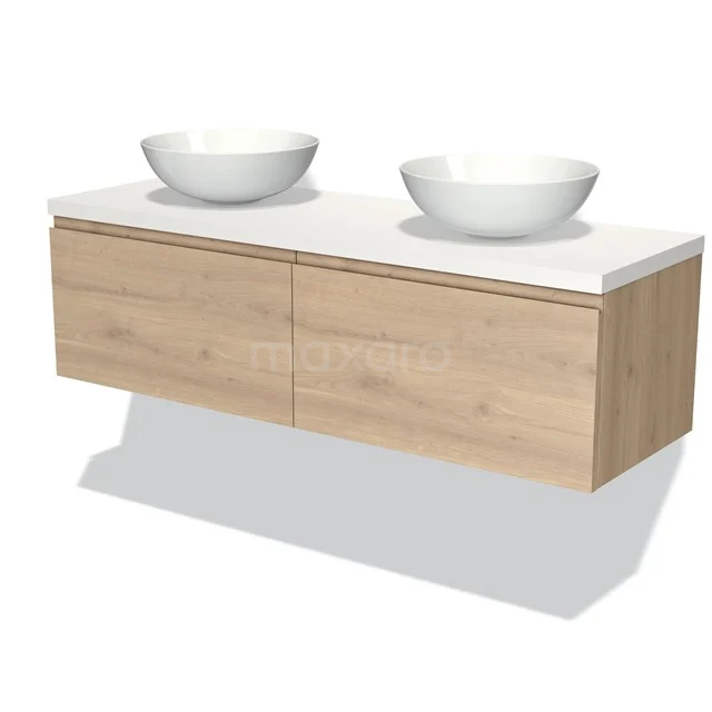 Modulo Plato Vanity units for countertop basin | 140 cm Light brown oak Handle-less front Matte white worktop 2 Side-by-side drawers BMK12-01335