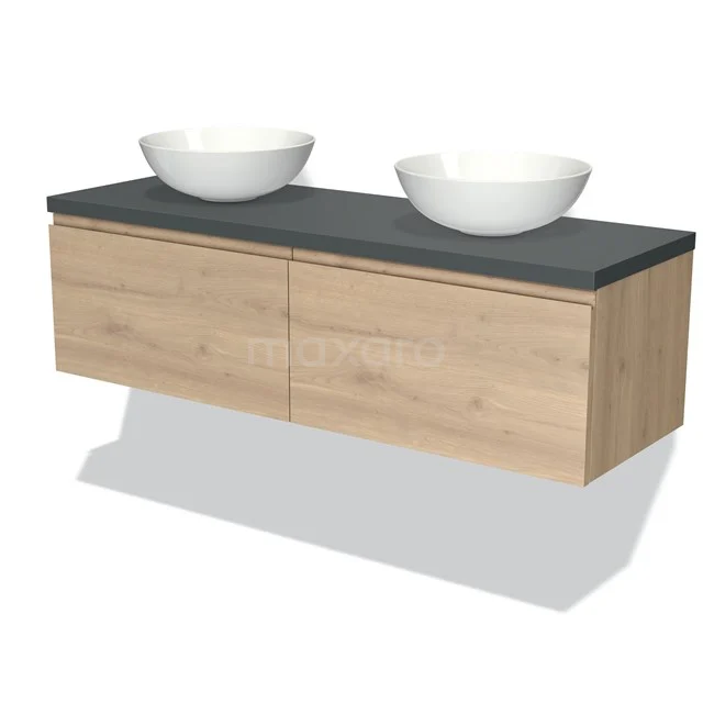 Eichenholz Badmöbel mit doppeltem Aufsatzwaschbecken, schwarzer Plattenoberfläche und schwebendem Design, perfekt für moderne Bäder.
