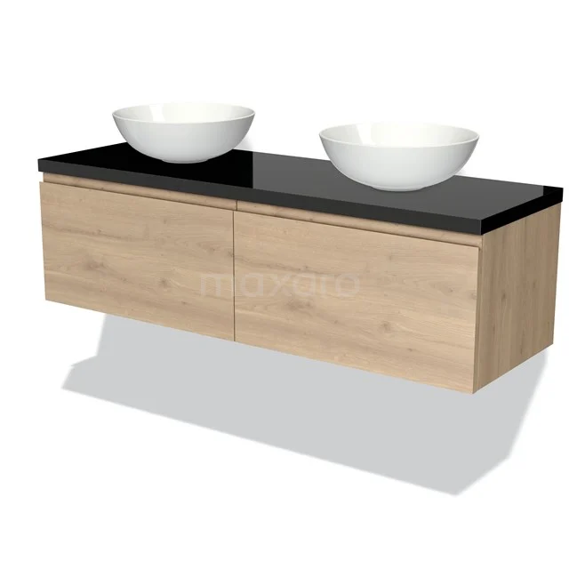 Holz Badmöbel mit Schwarz Platte, Doppelwaschbecken und moderner Verarbeitung, ideal für eine stilvolle Badezimmer Einrichtung.