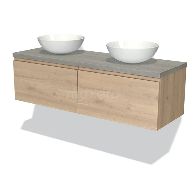 Holz Badezimmermöbel mit hängendem Design, graue Platte und zwei weißen Aufsatzwaschbecken; modern und stilvoll.