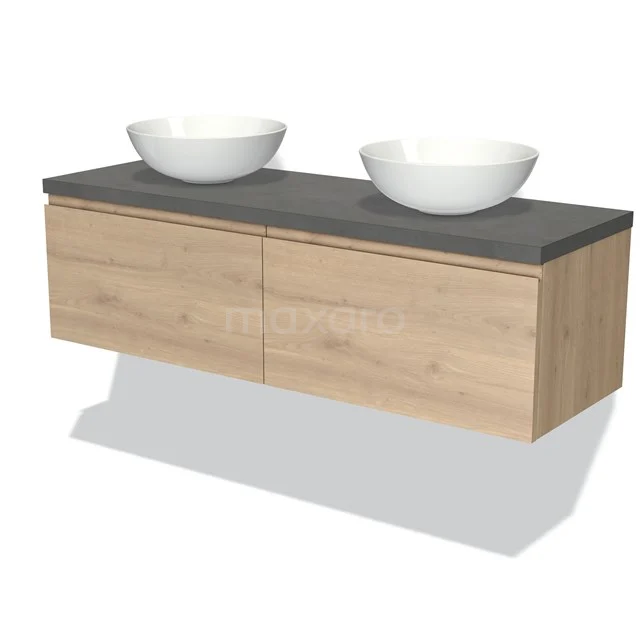 Holz Badmöbel mit zwei weißen keramischen Waschbecken, graue Platte und schwebendes Design, ideal für moderne Bäder.