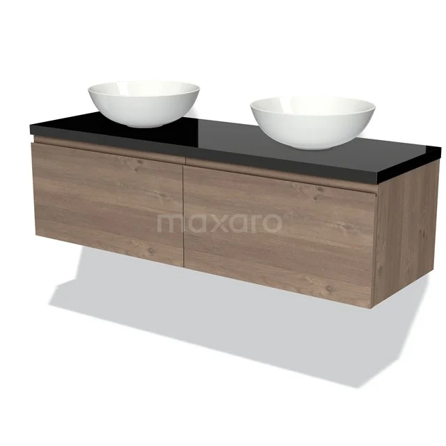 Holz schwebendes Badezimmermöbel mit schwarzer Glas Platte und doppeltem weißen Aufsatzwaschbecken, modernes Design für stilvolles Badezimmer.