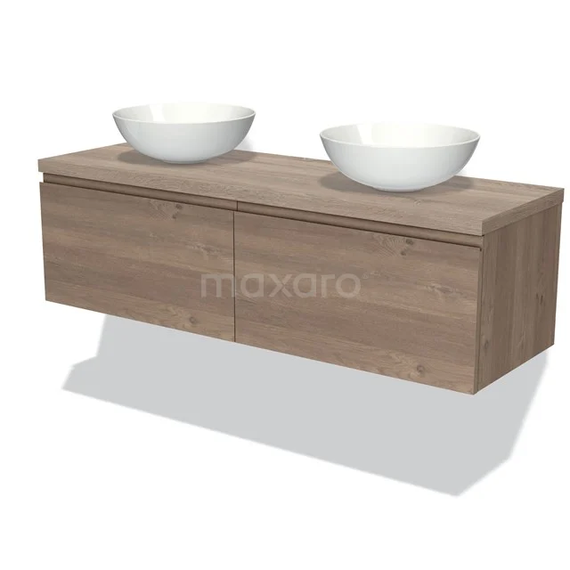 Holz Badmöbel mit doppelten Aufsatzwaschbecken, modernes Design und Wandmontage, perfekt für eine stilvolle Badezimmergestaltung.