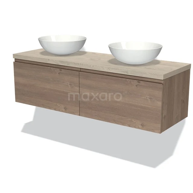 Waschtischunterschrank mit Aufsatzwaschbecken 140cm Modulo Plato mittelbraune Eiche 2 Schubladen grifflos hellgraue Eiche Platte BMK12-01353 Holz Badezimmermöbel mit zwei weißen schalenförmigen Waschbecken, hängendes Design, modern und klar für ein stilvolles Badezimmer.