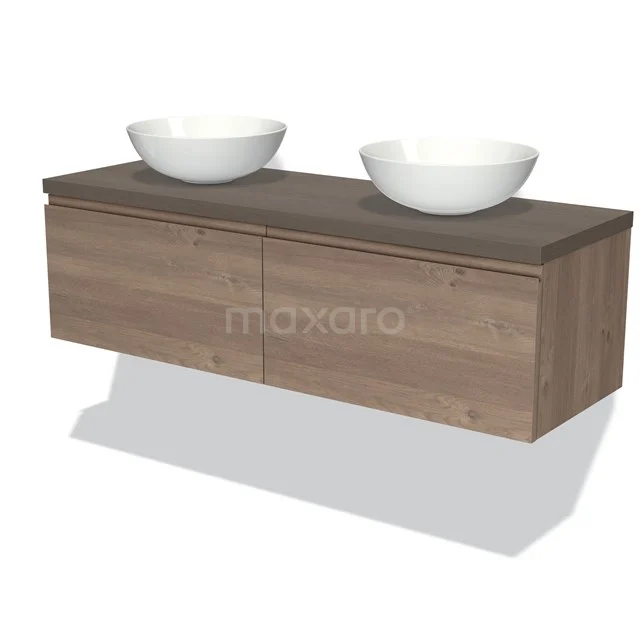 Modulo Plato Badmöbel mit Aufsatzwaschbecken | 140 cm Mittelbraune Eiche Grifflos front Dunkelbraune Eiche blatt 2 nebeneinanderliegende Schubladen BMK12-01355 Holz Badmöbel mit zwei weißen Aufsatzwaschbecken, modernes Design, ideal für eine stilvolle und praktische Badezimmer Einrichtung.