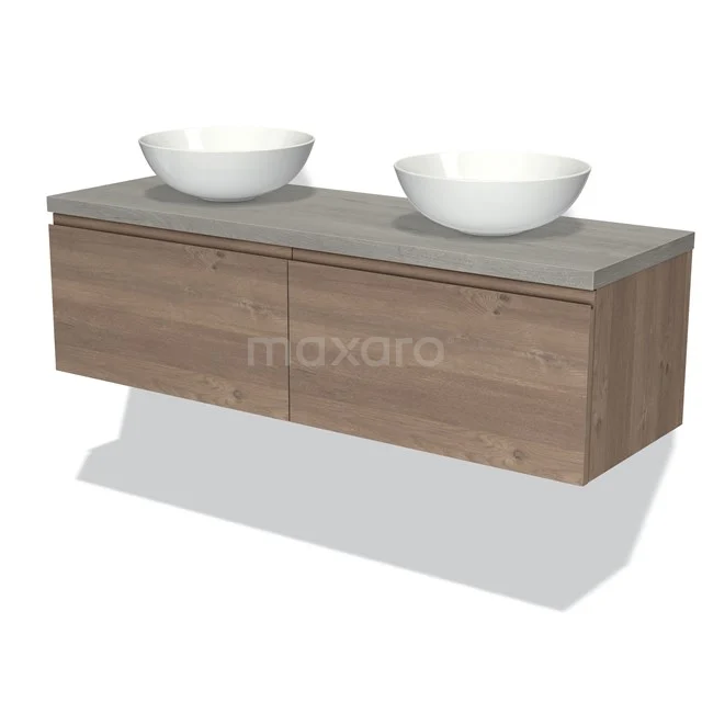 Holz-Badmöbel mit hängendem Design, Beton-Platte und doppeltem weißen Aufsatzwaschbecken, modernes und platzsparendes Modell.