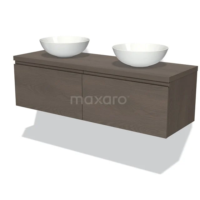 Moderne houten badkamermeubel met twee witte ronde wastafels, stijlvol hangend design voor een luxe badkamer.