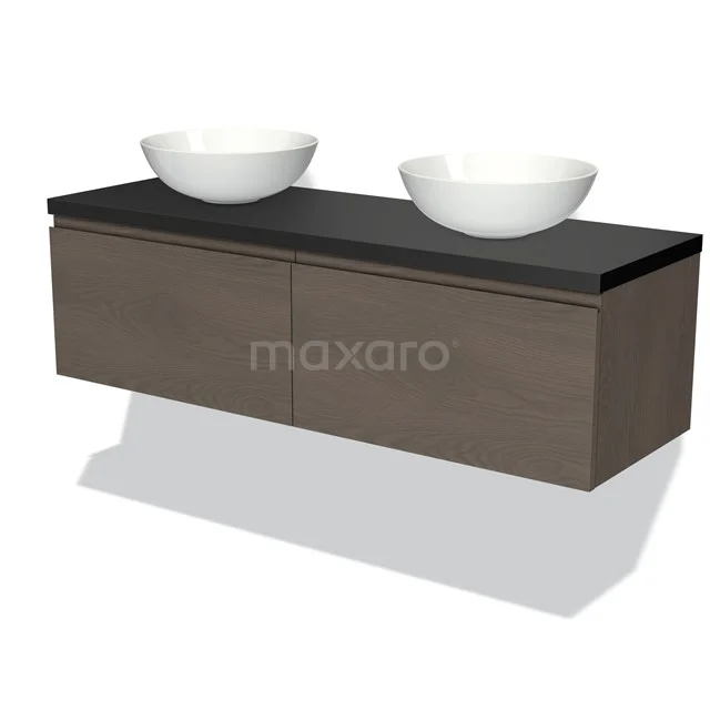 Modulo Plato Vanity units for countertop basin | 140 cm Dark brown oak Handle-less front Matte black worktop 2 Side-by-side drawers BMK12-01360