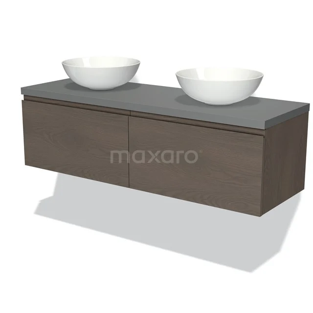 Hölzerne Badmöbel mit zwei weißen schalenförmigen Waschbecken, grauer Platte und schlankem Design, ideal für moderne Bäder.