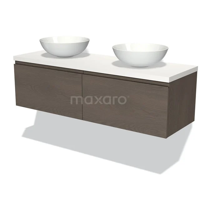 Modern schwebendes Badezimmermöbel in Holzoptik mit doppelten weißen Aufsatzwaschbecken, ideal für ein stilvolles und praktisches Badezimmer.