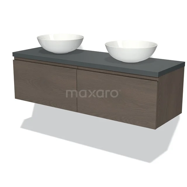 Holz-Badmöbel mit Dunkelgrau Platte, doppelt weißes Waschbecken, modernes Design ideal für ein stilvolles Badezimmer.